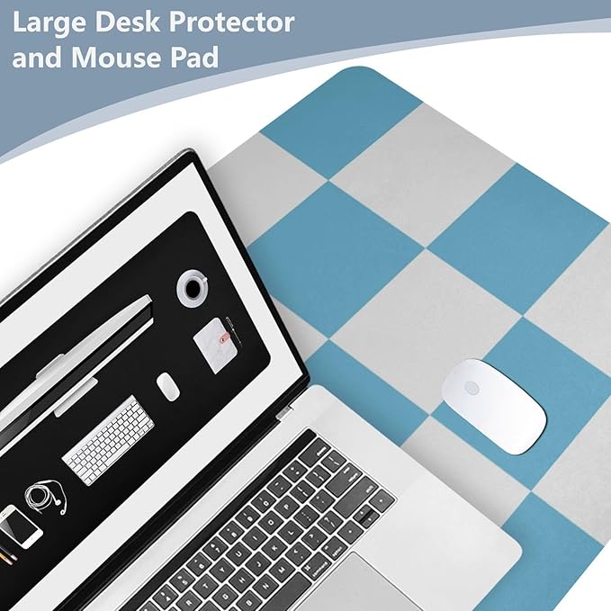 Mouse Pad Desk Mat Leather Desk Pad Large Gaming Desk Cover Protector Mat for Keyboard Computer Laptop Office Waterproof 47.2 x 23.6 Inch Checkered Blue and White