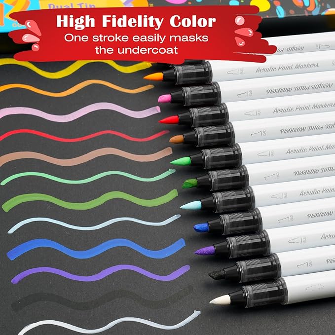 SFAIH Halloween Gifts Acrylic Paint Markers, 48 Colors Dual Tips Acrylic Brush Markers With Chisel Tip, Automatic Ink Control, Ultra-High Coverage, No Bleed Ink, Art Supplies for Rock, Canvas, Fabric
