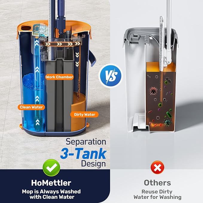 HoMettler Mop and Bucket Set with Wringer, 3-Tank Flat Mop and Bucket System, Wall Mop Cleaner with Long Handle, Hands Free Mops for Floor Cleaning with 8 Microfiber Pads