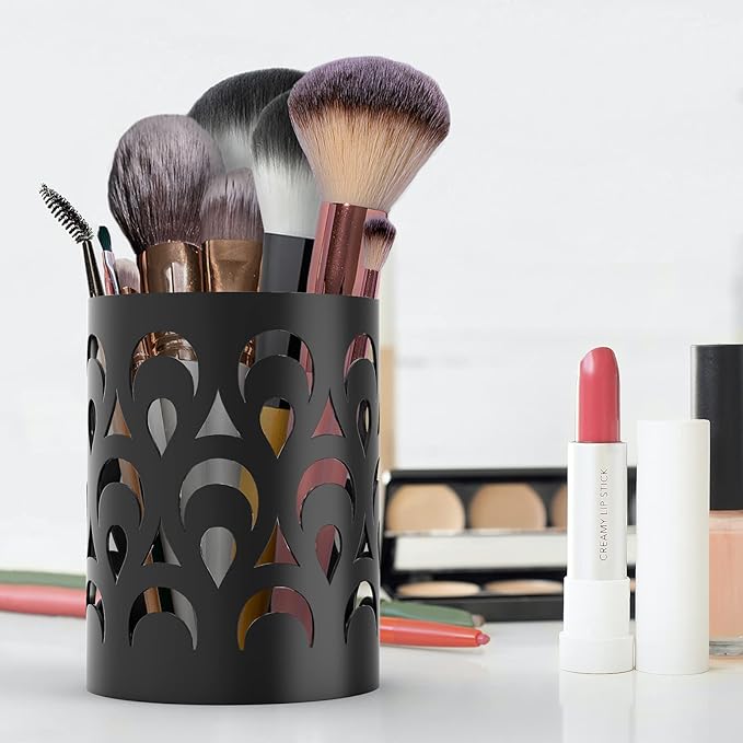 Mango Steam Metal Pen Holder, Makeup Brush Cup Organizer for Office, Bathroom, Vanity (Black, Peacock)