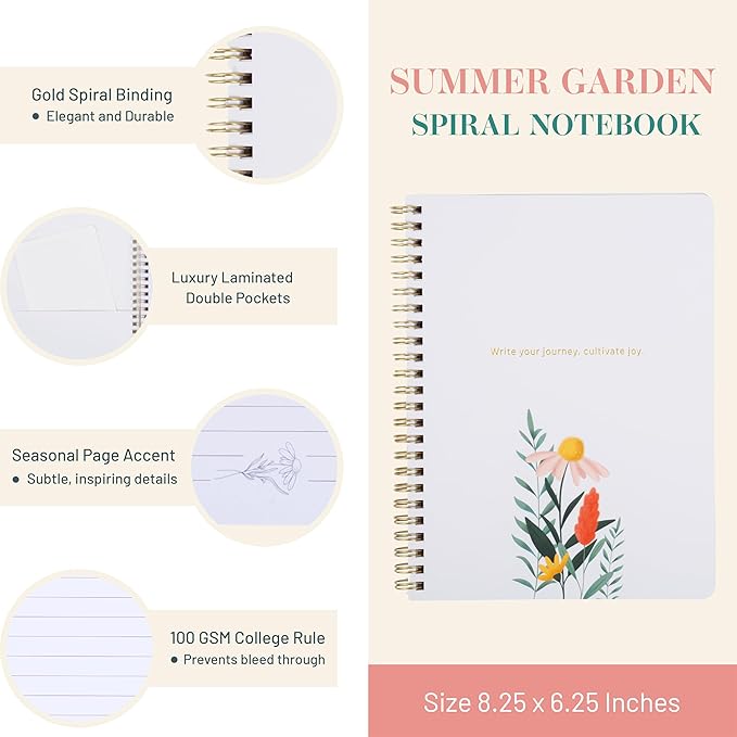 Happy Hoos® Aesthetic Spiral Notebook - 6.25" x 8.25" College Ruled Journal Notebook - Hard Cover Writing Journal for Work, School, Travel, More - Floral Notebook 8 Seasonal Designs (Joyful Journey)