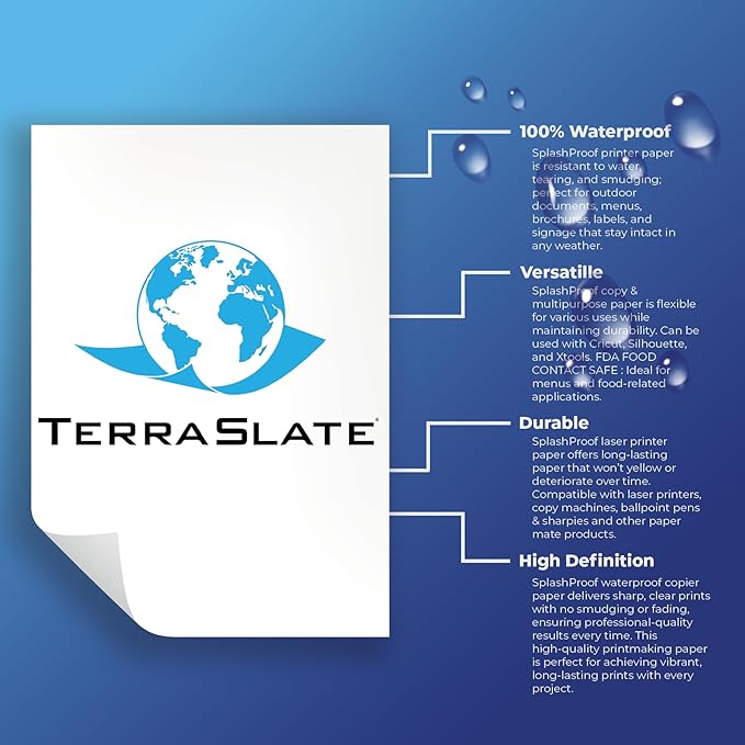 TerraSlate Waterproof Laser Printer Paper – Rip-Proof, Weatherproof, 5 Mil (24lb Bond), A4 Size 210 x 297 mm, 25 Sheets, White, Synthetic Paper for Outdoor Use