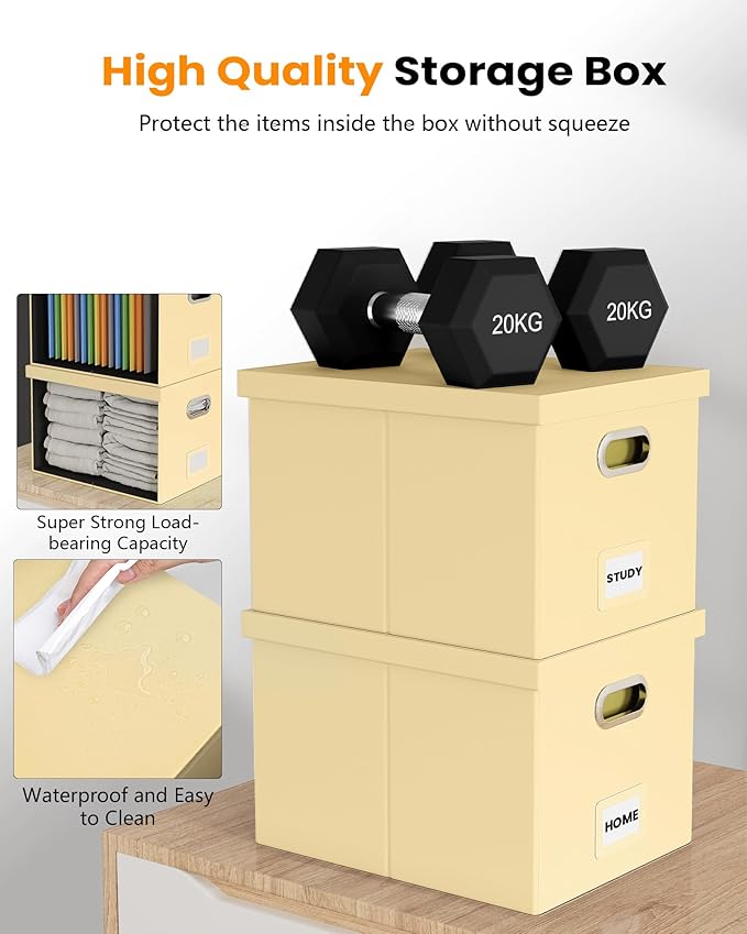 Oterri File Organizer Box,Filing Box with Lid,File Box for Letter/Legal File Folder Storage, Portable Hanging File Box for Office/Decor/Home,1 Pack, Cream-yellow(Leather),Box only