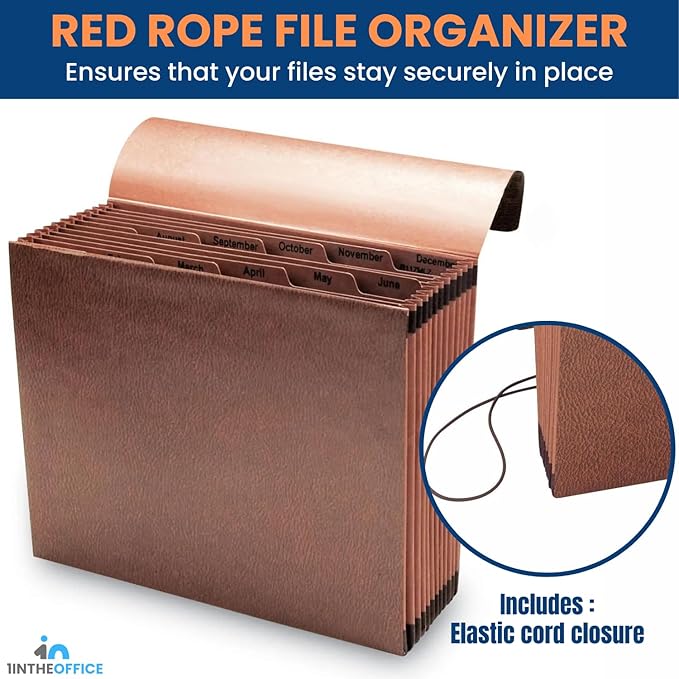1InTheOffice Accordion File Organizer, Expandable File Folder Organizer, 12 Pocket Accordion Folder, Monthly Index, Elastic Cord, 1/6-Cut Tabs, Letter Size, Red Rope