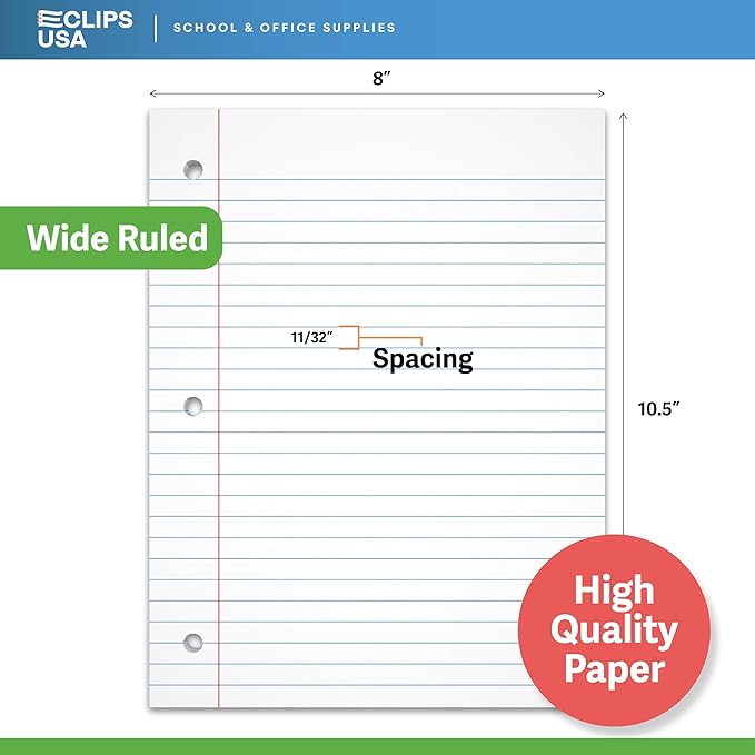 Wide Ruled Notebook Paper, Loose Leaf Paper, 10.5” x 8” Reinforced Paper, 65 gsm, 5400 Sheets (36 Pack)