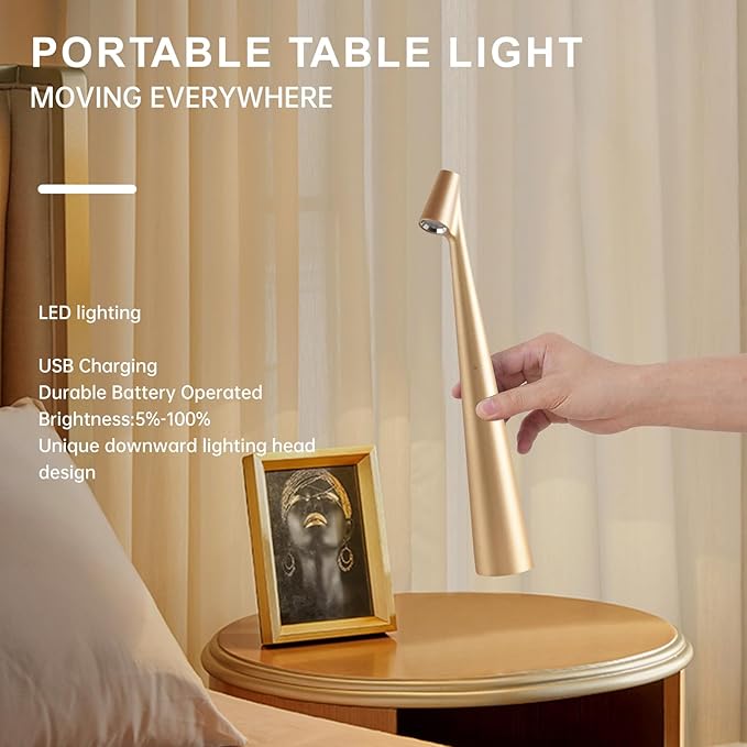 Cordless Small Table Lamps,3 Levels Brightness Portable Desk Lamp,Rechargeable Battery Lights for Outdoor, Restaurant, Bedside, Baby Night Light,Gifts(Gold)