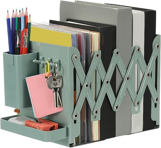 PATIKIL Adjustable Book Ends, 7.5" Tall Heavy Duty Metal Adjustable Bookends Book Holders Organizer with Removable Pen Holder Tray and 3 Hook-up for Heavy Books Desk Office Home, Green
