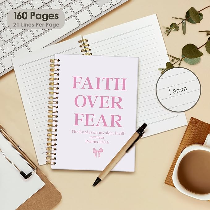 Coquette Pink Bow Notebook Journals, Prayer Journal for Woman, Christian Gifts Cute Notebooks for Women，Bible Notebooks for Note Taking, Faith Over Fear Hardcover Spiral Notebook 5.5x8.3