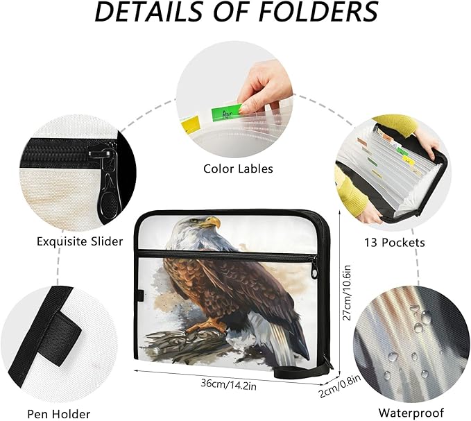 Bald Eagle Expanding File Folder 13 Pockets with Zipper Expandable Filing Folders Accordion Document Files Organizer for A4 Letter Size Paper