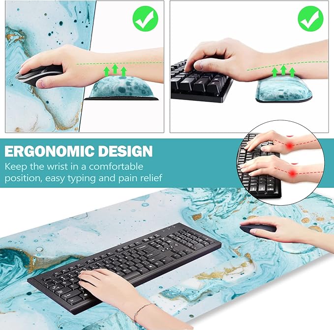 ARTSO Large Gaming Mouse Pad, Keyboard Wrist Rest Pad & Wrist Support Mousepad Set, Stitched Edge, Extended, Non-Slip Base, Memory Foam Desk Mat 4pcs for Office & Home, Teal Turqoise Marble