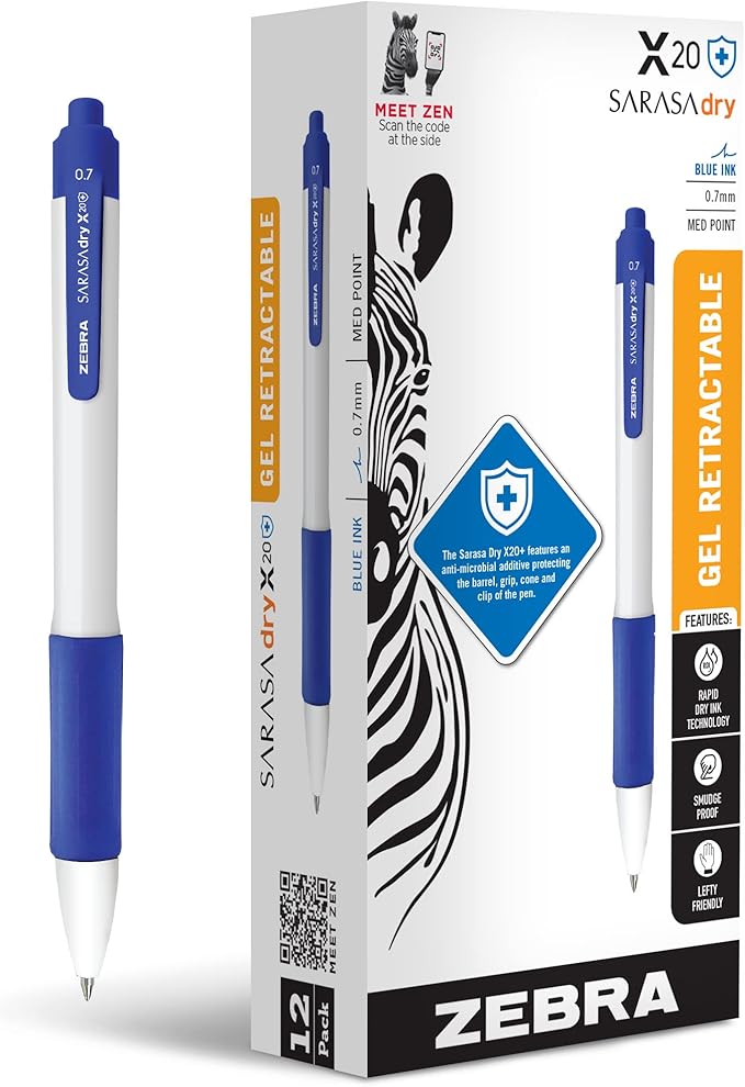 Zebra Pen Sarasa Dry X20+ Retractable Gel Pen, Plastic Barrel with Protective Coating, Medium Point, 0.7mm, Blue Ink, 12-Pack (41620)