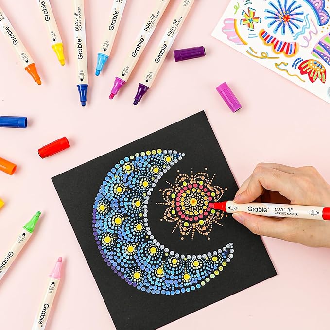 Grabie 36 Dual Tip Acrylic Paint Markers, Acrylic Paint Pens, Fabric Markers for Fabric, Canvas, Rock, Glass, Wood, Paper, DIY, Canvas DIY Art Supplies Kit, Set of 36