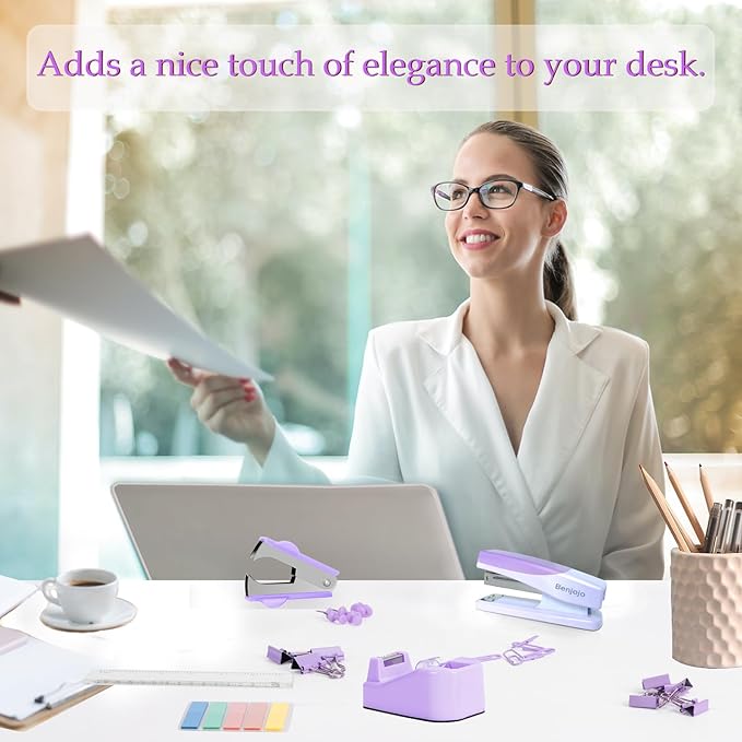 Purple Office Supplies, Purple Desk Accessories for Women, Cute Stapler and Tape Dispenser Set- Staple Remover, Clips, Staples, Scissor, Knife, Ruler, Tabs, Gift for Coworkers, Students