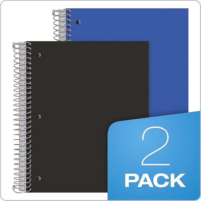 Oxford Spiral Notebooks, 5-Subject, Writing Journals, Wide Ruled Paper, Durable Plastic Cover, 200 Sheets, 5 Durable Divider Pockets, 2 Pack, Black and Blue (10387)