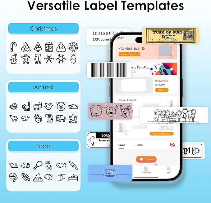 Y12 Bluetooth Label Maker Machine, Wireless Thermal Sticker Printer for Home, Kitchen, Office & Organization – Mini Portable Label Maker with Versatile Templates, White