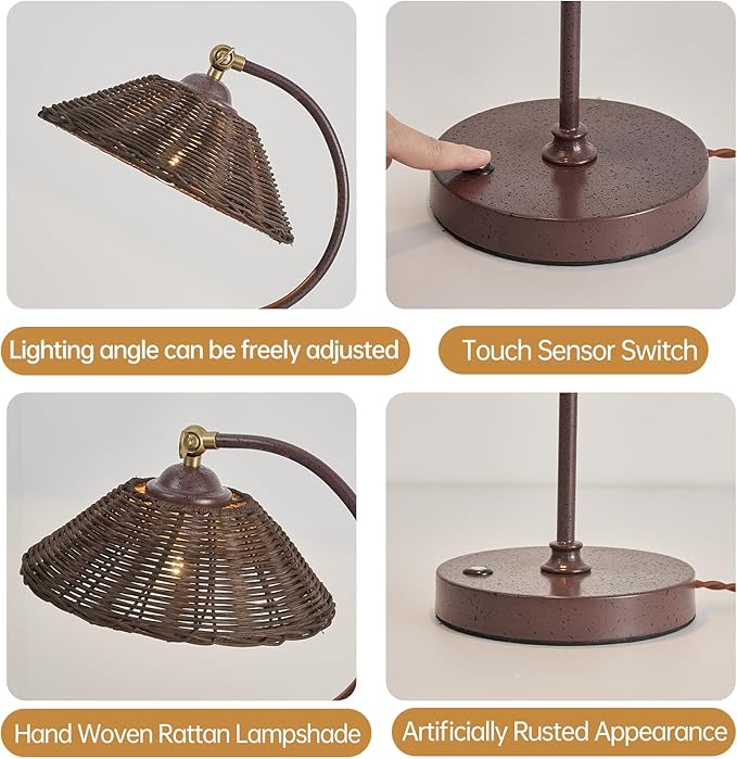 2 Pack Woven Rattan Bedside Table Lamp for Bedroom,Boho Plug in Handmade Rattan Shade&Anti-Rust Iron Base Desk Lamp,Plug & Play Vintage Dark Brown Nightstand Lamp for Living Room,Office【Bulb Included】