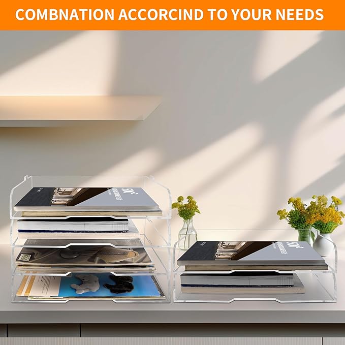 2 Pack- Stackable Paper Letter Tray,Clear Acrylic Magazine Holder and File Organizer - Sleek Desk Organizer for Home Office, Bookshelf, or Workspace - Space-Saving Transparent Document Holder