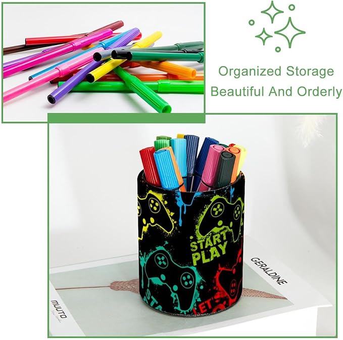 PVC Leather Circular Pen Holder for Desk Abstract Colorful Joystick Game. Pencil Organizer Holder Makeup Brush Holder with Flannel Lining Office Desk Organizer