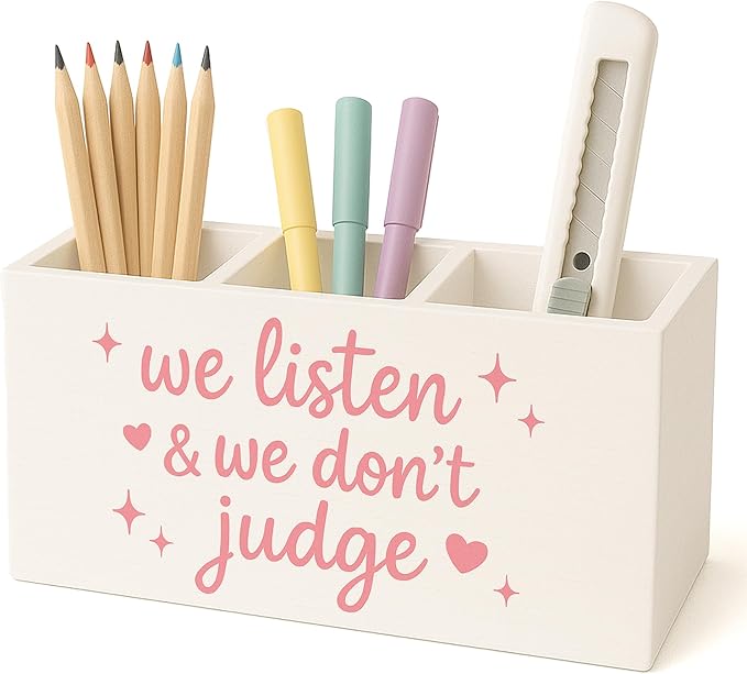 Pink Mental Health Wooden Pen Holder for Desk, Therapy Counselor Office Decor Must Haves, We Listen and We Don't Judge Inspirational Pencil Holder for Desk Decor