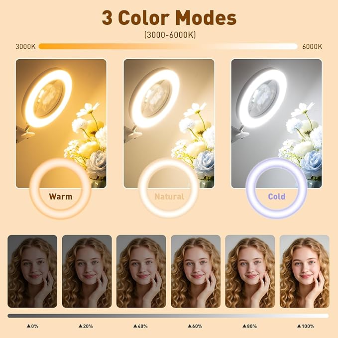 KIRKAS 10X LED Magnifying Lamp with Clamp Real Glass Lens, 3 Color Modes and Stepless Dimmable Magnifier Desk Lamp,Adjustable Swivel Arm Lighted Magnifying Glass for Repair Craft Close Work-White