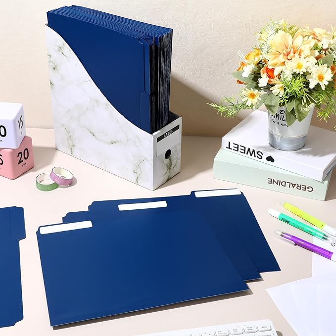 48 Pack Colored Plastic File Folders with Tabs and Sticky Labels Sturdy 1/3 Cut Tab Manila File Folders Letter Size 8. 5 x 11 Inch for Office Home Supplies Organizer Documents(Navy Blue)