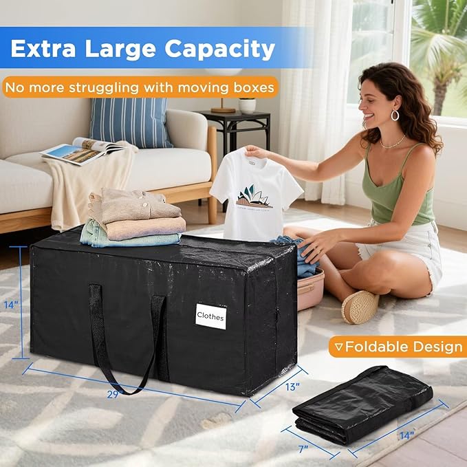 Extra Large Moving Bags Heavy Duty Storage Bags with Zipper Handles, BETU 8 Pack Clothes Storage Totes Bins Packing Moving Boxes, Moving Supplies for College Dorm Essentials, Space Saving, Black