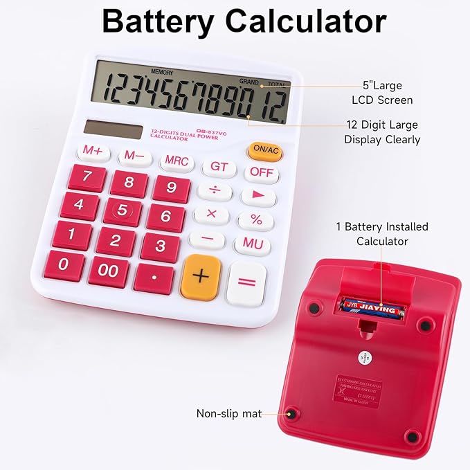 Meichoon Desktop Calculator Solar Battery Dual Power 12 Digit Large LCD Display Financial Dedicated Large Standard Function Desktop Business Calculator for Office/Home/School KA08 Red