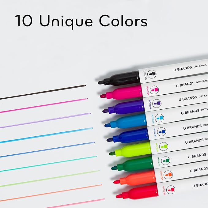 U Brands Low-Odor Dry Erase Markers With Erasers, Set of 10, Assorted Colors, Medium (2mm) Point (Pack of 2)