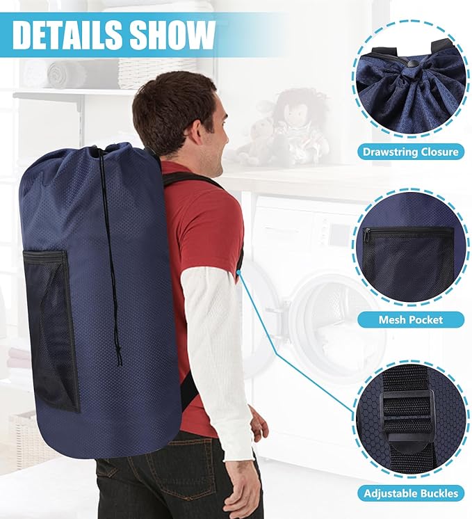 Portable Laundry Backpack With Adjustable Shoulder Straps, Drawstring Closure & Mesh Pocket for Travel, College, Apartment, Camping (Dark Blue)