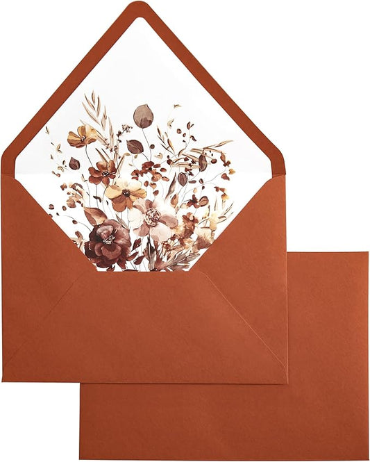 PONATIA 50PCS A7 Euro Flap Envelopes, 5.25 x 7.25'' Burnt Orange Flowers Liner Envelopes for 5x7 Wedding Invitations, Photos, Postcards, Greeting Cards, Christmas Gift Cards, Acrylic Mailing