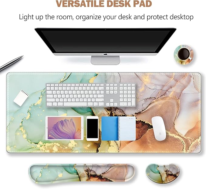 ARTSO Large Gaming Mouse Pad, Keyboard Wrist Rest Pad & Wrist Support Mousepad Set, Stitched Edge, Extended, Non-Slip Base, Memory Foam Desk Mat for Office, Home, Abstract Art Marble