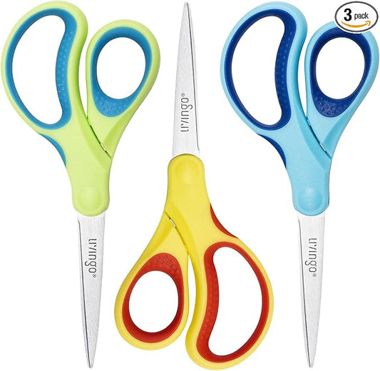 LIVINGO Student Scissors for School: 7 Inch 3 Pack Sharp Pointed Tip Teacher Scissors for Kids Middle High School College Classroom Craft, Comfortable Grip, Right Left Handed, Blue, Green, Yellow