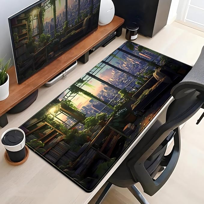 City Skyline Botanical Green Floral Desk Mat Study View from The Window Cute Office Decor Extra Large Mouse Pad Cute Desk Essentials Big Mouse Pad for Desk Pad Accessories Computer Mat 31.5x15.7 in