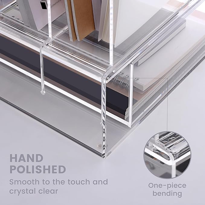 DINGHUO Acrylic Desk Organizers and Accessories, Clear Paper File Folder Organizer Letter Tray Sliding Drawer with 4 Upright Sections File Holder, Office Supplies Workspace Organizers - 1 Pack