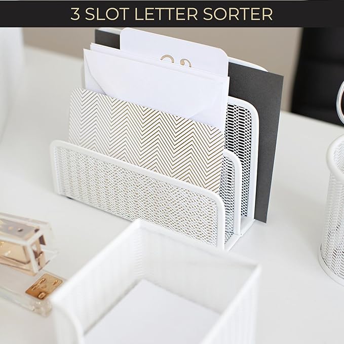 Blu Monaco White Metal Mesh Letter Sorter – 3-Slot Mail Organizer for Desk, Office & Home – Space-Saving Vertical Mail Holder for Envelopes, Documents & Files – Modern Desk Organizer