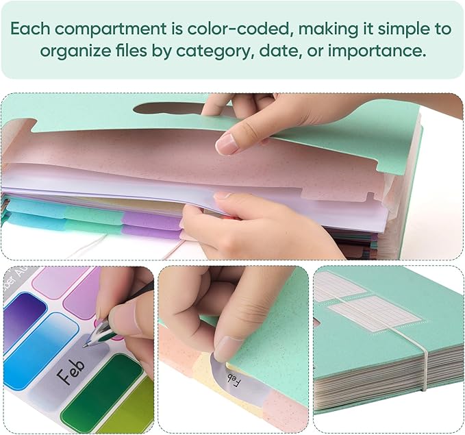 Accordion File Organizer with 13 Pockets, Wheat Straw Expanding File Folder with Lable Pocket,Upright Open Top,A4/Letter Size Paper Document Storage Organizer for School,Home and Office Supplies