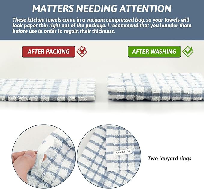 Nialnant 12PCS Kitchen Towels and Dishcloths Sets,100% Cotton Soft Absorbent Quick Drying Dish Towels for Kitchen,Washing Dishes-Little Blue Plaid,12 x 12 in