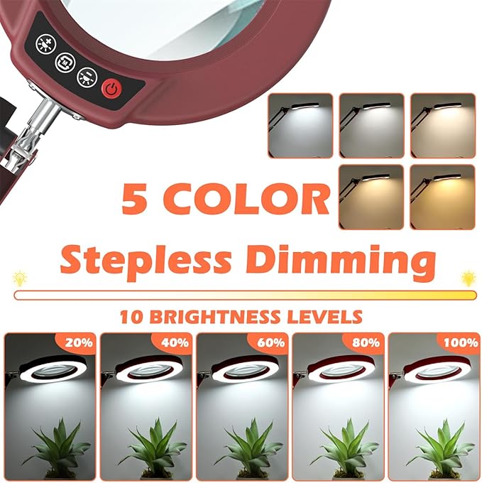 10X Magnifying Glass with Light and Stand, Real Glass Lens Desk Lamp, Lighted Magnifier with Light Stepless Dimming Hands Free for Craft, Reading, Painting, Sewing, Solder - Red