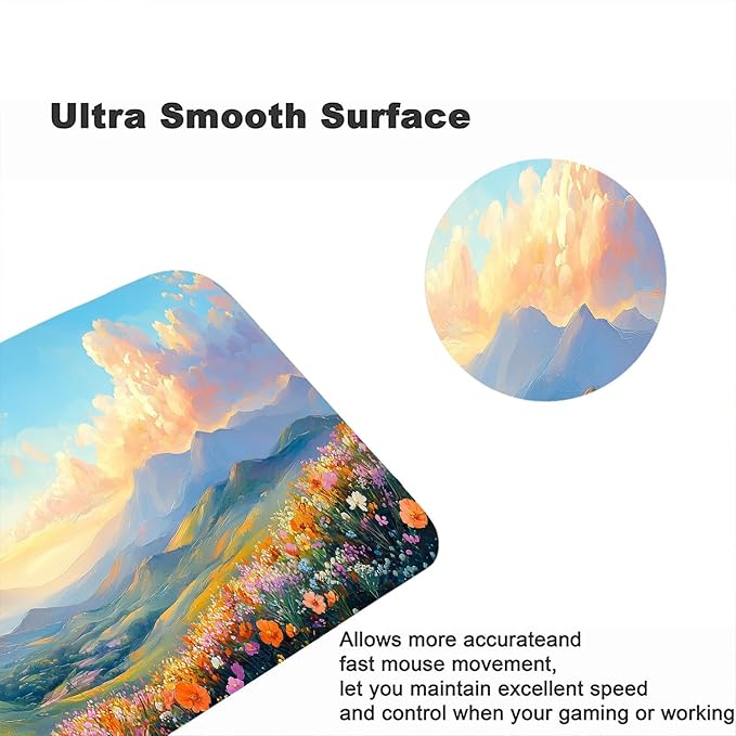 Flowers Desk Pad Mouse Pad Watercolor Dream Landscape Field Hills Gaming Mouse Mat with Stitched Edges,Non-Slip Waterproof Rubber Base Mouse Mat Office Computer Keyboard Laptop Home 31.5"x11.8"