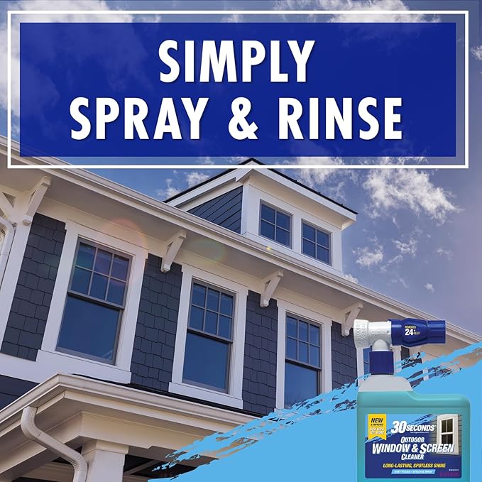 30 SECONDS Outdoor Window & Screen Concentrated Cleaner for Glass, Patio Doors, Fiberglass, Furniture - No Screen Removal Required, Spray & Rinse - Hose End Spray Attachment (2 PACK)