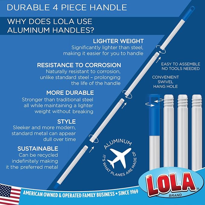 Angle Broom, 13" W Head, Large Style, Made w/Recycled Soda Bottle Bristles, & Aluminum, Includes Swivel Hang Cap for Storage -by LOLA, 1 Pack