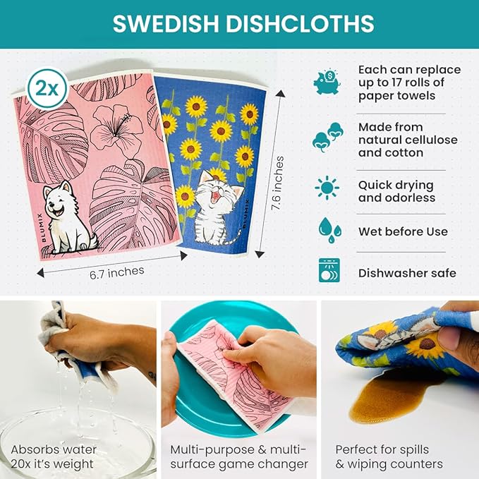 Eco-Friendly Cleaning Cloth Kit – 7-Piece Reusable Set | 2 Swedish Dishcloths, 2 Cellulose Sponges, 2 Glass Cleaner Cloths, 1 Wire Scrubbing Cloth | Low-Waste, Plant-Based Essentials
