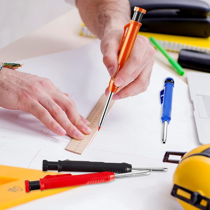 Sabary 10 Pcs Solid Carpenter Pencils with 60 Pcs 2.8mm Refills Long Nosed Deep Hole Mechanical Pencil Marker Construction with Built in Sharpener for Woodworking Drafting Architect Tool