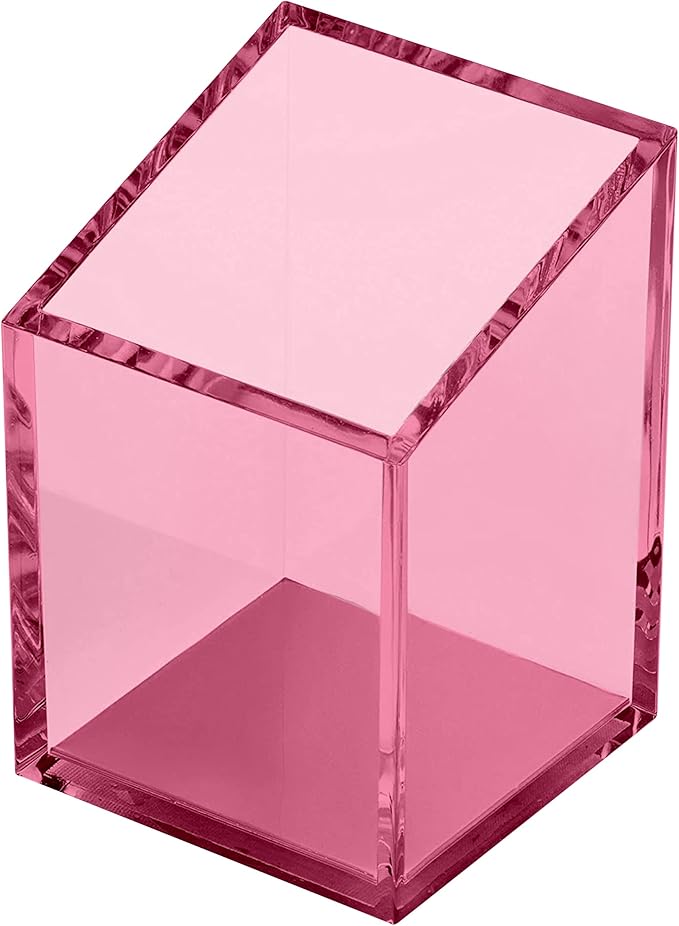OfficeGoods Acrylic Pen & Pencil Holder - Modern Trapezoid Design - Beautiful Desk Organizer for Home or Office - Contrasting Metal Base - 3" Square w/ 3.5" Front & 4.5" Back - Pink