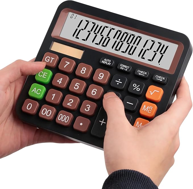 Standard Desktop Calculator, Dual Power (Solar & AA Battery), 14-Digit Large Display, Multifunctional Office Calculator (Black)