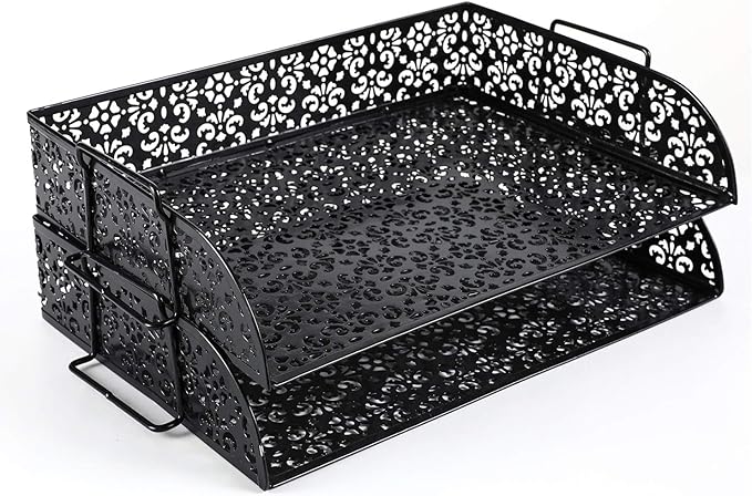 EasyPAG 5-Piece Desk Organizer Set with Carved Floral Design - No Assembly Stackable 2-Tier File Tray, Letter Sorter, Pen & Card Holders for Office/Home/Dorm, Black