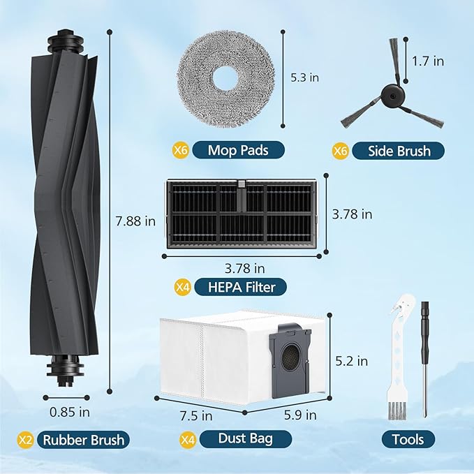 Accessories for Dreame L40 Ultra / X40 Ultra / X40 Master, and for MOVA P10 / P50 Pro Ultra Robot Vacuum, 2*Rubber Main Brushes, 4*Dust Bags, 6*Mop Pads, 4*Filters, 6*Side Brushes