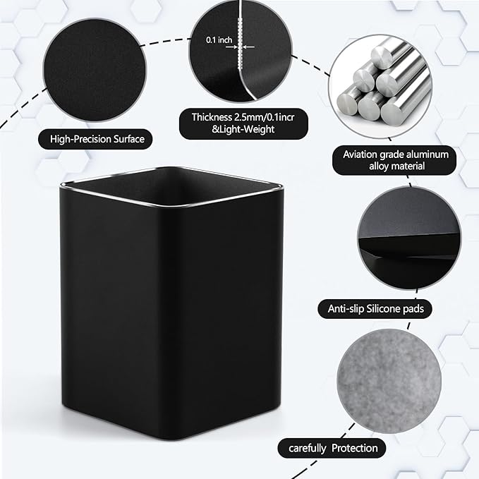 RQB Metal Pen Holder for Desk Square Aluminum Desktop Organizer and Makeup Brush Holder Storage Box for Office, School, Home, and Kids, Non-slip silicone 4×3.15inch (Black)