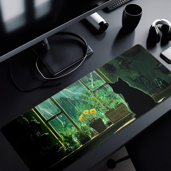 Green Black Cat Mouse Pad Abstract Green Mouse Pad 31.5x11.8 Inch Cat Texture Non-Slip Rubber Base Large Mousepad Stitched Edges Keyboard Mouse Mat Desk Pad for Office and Home