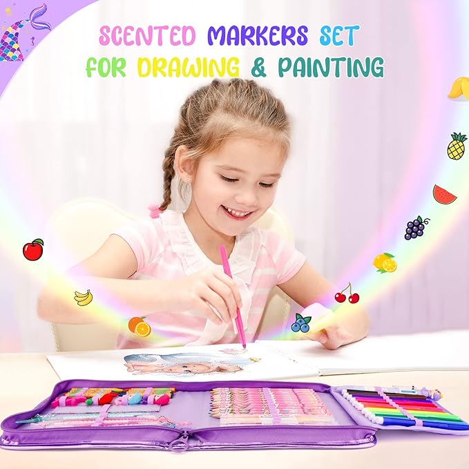 Mermaid Art Craft Kit for Kids, 56 Piece Set with Pencil Case, Markers, Crayons, Gel Pens, Erasers, Stencils, Ruler